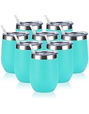 Stainless Steel Wine Tumbler 12Oz, Double Wall Vacuum Insulated Wine Tumbler with Lid and Straw, Stainless Steel Stemless Wine Glass for Wine, Coffee, Cocktails, Champaign, Ice Cream