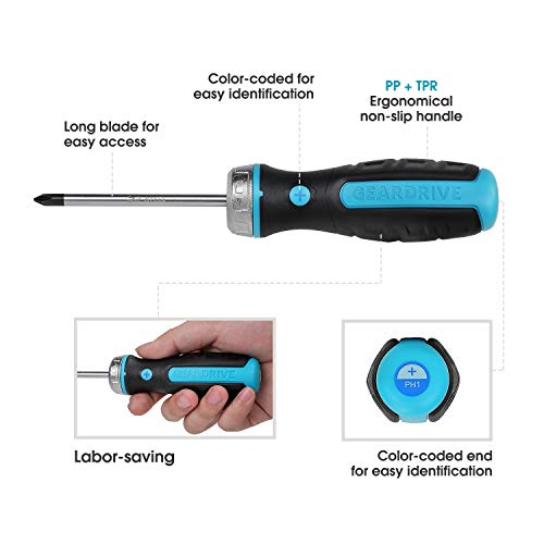 GearDrive 6-piece Ratcheting Screwdriver Set - Fixed Blade, Slotted and Philips Magnetic Tips, Non-slip Tire Texture Handle, 1 Bonus Bottle Opener Included - Thumbnail 2