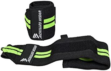 Achilles Wear Wrist Wraps Barbell Support, Heavy Duty, Thumb Loop, Soft Stretchable, Unisex, 1 Pair (Black with Green Stripes)