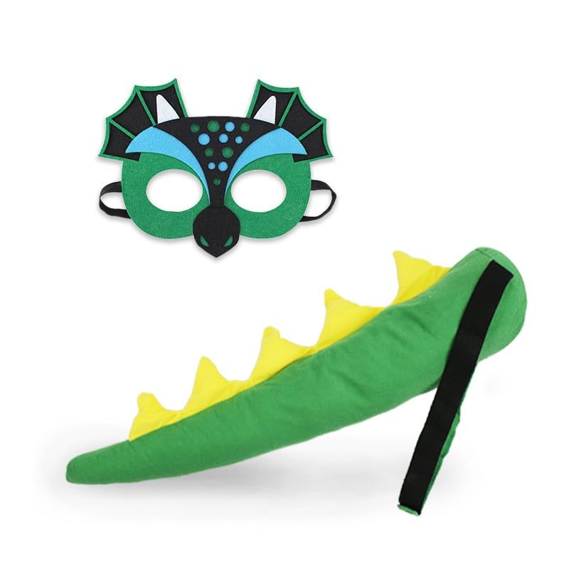 Moonlove Dinosaur Thick Felt Sets Wearing Face Mask Tail with Elastic Band Rope Eyewear Animal Theme Cosplay Festival Performance Dress Up for Halloween Activities Costumes Kids Children Masks Set