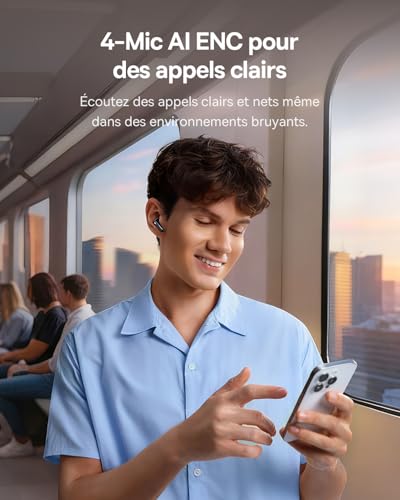 EP10 NC Écouteurs Bluetooth sans Fil, Ecouteurs sans Fil avec Réduction de Bruit Actif à -43dB, 24 Modes EQ, Conducteurs 12mm, SuperBass, 4-Mic AI pour Appels Clairs, IP55, 41H, Bluetooth 6.0