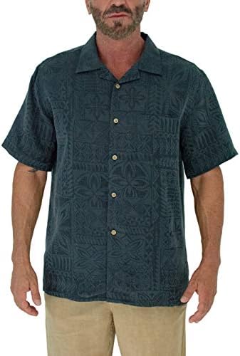 Short Fin Button Down Premium Textured Modal Shirt, with Tribal Inspired Print Navy