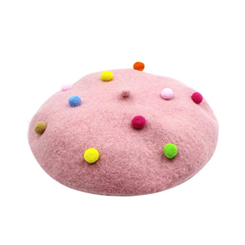 RARITYUS Fashion Cute Wool French Artist Beret Hat Warm Beanie Cap Headwear with Small Rainbow Pom Pom for Kids Girls