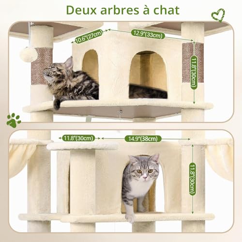 Globlazer Large Beige Cat Tree XXL Height 204 cm with 3 Padded Perches, 2 Kennels, 2 Baskets, Hammock, Stable Cat Tower for 3-5 Adult Cats Rest Play Scratching (F80, Beige)