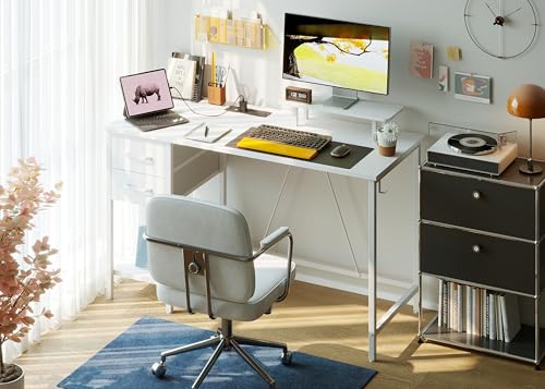 Xyphren 100cm Computer Desk with Drawers & Power Outlets, Office Desk with Storage Monitor Stand, Reversible Small Desks for Home Office Bedroom, White