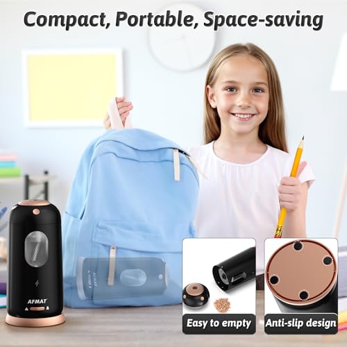 AFMAT PSC8 Electric Pencil Sharpener, Auto in & Out, Fully Automatic Pencil Sharpener, Rechargeable Hands-Free Sharpeners for Jumbo & Colored Pencils (7-11.5mm), Good for Classroom/Home/Office, Black