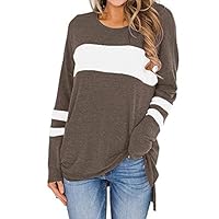 BALABA◕｡ Women Casual Striped Patchwork Long Sleeve Loose T-Shirt Tunic Tops, Color Block Side Split High Low Shirts Blouse Khaki