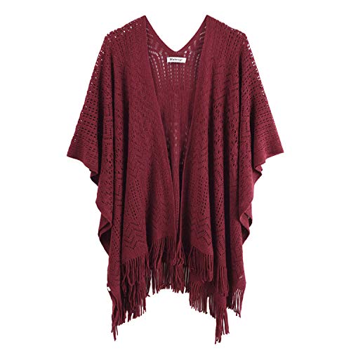 Knit Shawl Wrap for Women Capes Ladies Knitted Scarf Tassel Open Poncho Cardigan (Wine Red) - Thumbnail 6