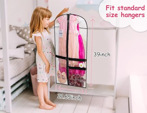 TERRIFI Dance Garment Bag, 3 Pack Daily Outfits Storage, Kids Dance Costume Bag, Clear with 4 Zipper Pockets for Clothes, Shirts, Coats, Dresses