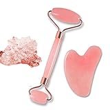 Rose Quartz Face Roller and Gua Sha Massager Kit - Jade Roller for Face and Eye Puffiness, Wrinkles, Migraine Natural Jade Stone by Akami