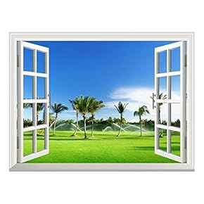 White Beach and Blue Sea View Window View Mural Wall Sticker (24"x32", Tropical Palm Trees)