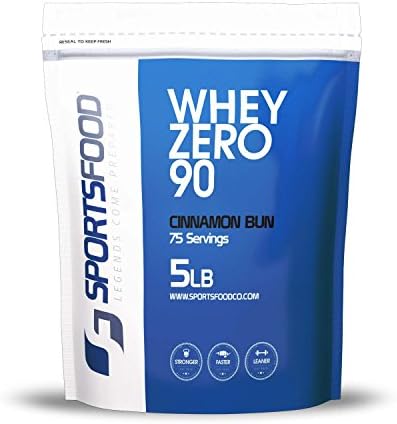 Sports Food Whey Zero 90 - 100% Pure Protein Isolate (Cinnamon Bun, 5 lbs) Low Carb &amp; Sugar Free, 90% Per Scoop - Lean Performance Powder with Only 5 Ideal Ingredients