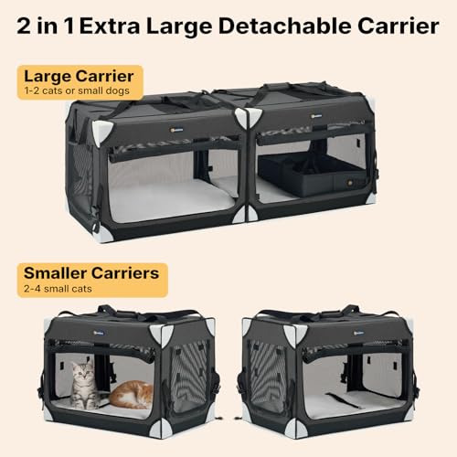 Veehoo Separable Double Cat Carrier for 2 Cats, 2-in-1 Foldable Pet Travel Carrier for 2 Small Dogs, Portable Soft Cat Crate for Indoor Outdoor, with Foldable Litter Box & Bowls, 120×43×43 cm, Black