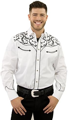 STARR Men's Embroidered Western Snap Cowboy Shirt by Exclusive Scroll Design | Smile Pockets | Trim Fit SHC003-WHITE-Size-L