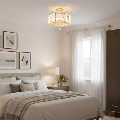 ANWIO Crystal Ceiling Light, Bedroom Glass Ceiling Lamp with 3 E27 Base, Larger Size Gold Modern Pendant Lamp, Ceiling Lights for Living Room, Kitchen, Dining Rooms (37 cm, Without Bulb)