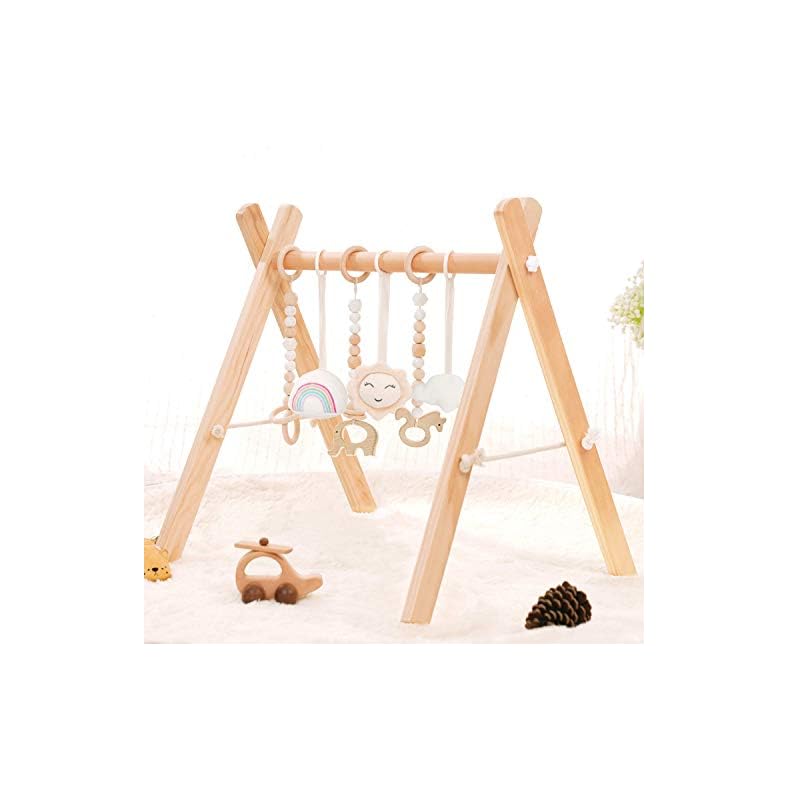 Wooden Baby Gym with 6 Wooden Baby Toys Foldable Baby Play Gym Frame Activity Gym Hanging Bar Newborn Gift Baby Girl and…