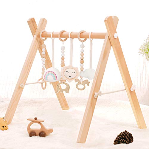 Wooden Baby Gym with 6 Wooden Baby Toys Foldable Baby Play Gym Frame Activity Gym Hanging Bar Newborn Gift Baby Girl and…