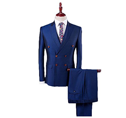 AK Beauty Men’s 3 Piece Double Breasted Wedding Formal Suit (Jacket+Pants+Vest) (S, Blue)