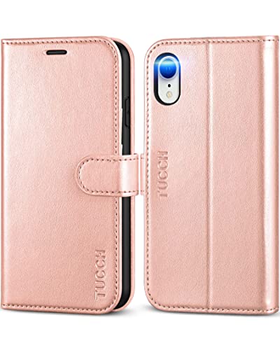 TUCCH Wallet Case for iPhone XR, PU Leather Flip Slim Phone Cover with [RFID Blocking] Card Slot, Stand [Wireless Charging] [TPU Protective Shell] Compatible with iPhone XR 6.1, Shiny Rose Gold