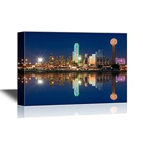 USA City Skyline Canvas Wall Art - Dallas Skyline Reflected in Trinity River at Sunset, Texas - Gallery Wrap Modern Home Art | Ready to Hang - 12x18 inches