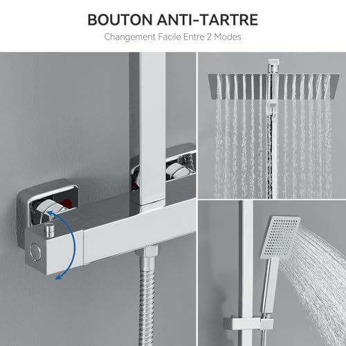 Auralum Thermostatic Chrome Shower Column with Brass Mixer Tap 30 x 30 cm, Square Hand Pump, Height Adjustable – Complete Bathroom Kit