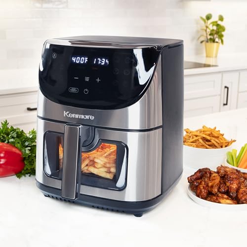 Kenmore Freidora de aire de 8 cuartos - Aerogrill, cesta para freír antiadherente, patatas fritas, pantalla táctil digital, 12 presintonías, freidora eléctrica, aparato de cocina para encimera, acero inoxidable, negro