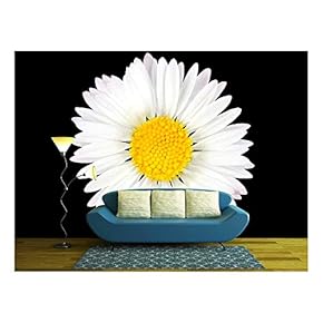 Daisy Flower Isolated on Black Background - White with Yellow Center - Removable Wall Mural | Self-Adhesive Large Wallpaper - 66x96 inches