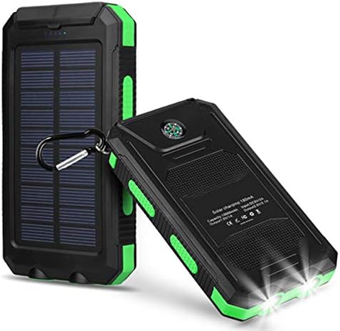 Bysionics Solar Phone Charger,Portable Charger Solar Charger Power Bank 12000mah External Backup Battery Pack Dual USB with 2LED Light Carabiner and Compass for Your Smartphones and More (Green)