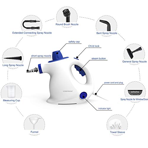 Comforday Steam Multi Purpose Cleaners Carpet High Pressure Chemical Free Steamer with 9-Piece Accessories, Perfect for Stain Removal, Curtains, Car Seats,Floor,Window Cleaning, White