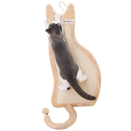 Cat Scratching Post Scratcher Shaped Like A Kitty with Teaser Ball on