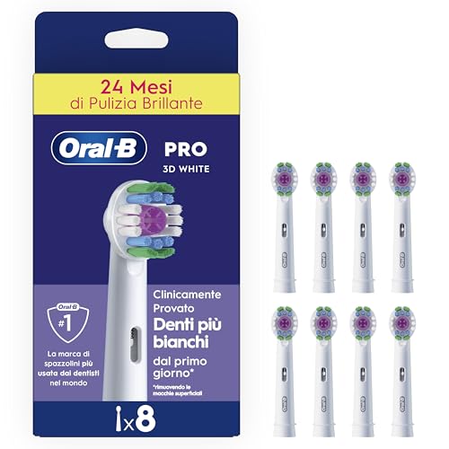 Testine di Ricambio Pro, 3D White, Bianche, 8 Ricambi - 8 Testine di Ricambio per Spazzolino Elettrico. Sbiancanti, Originali, Pulizia Denti Efficace
