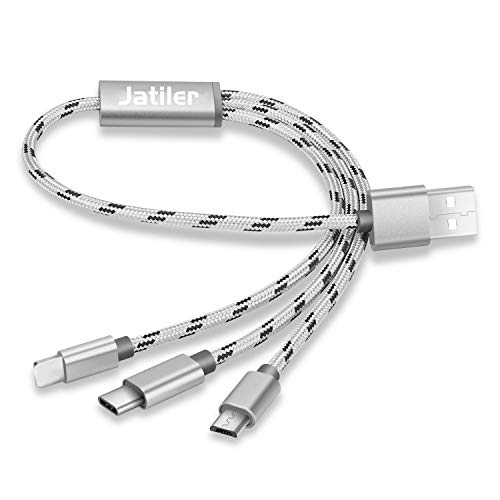 3Pack Multi Charging Cable, 1ft Multi Charger Cable Nylon Braided 3 in 1 Multiple USB Cable Adapter with Type-C, Micro USB Port Connectors for Cell Phones and More – Silver