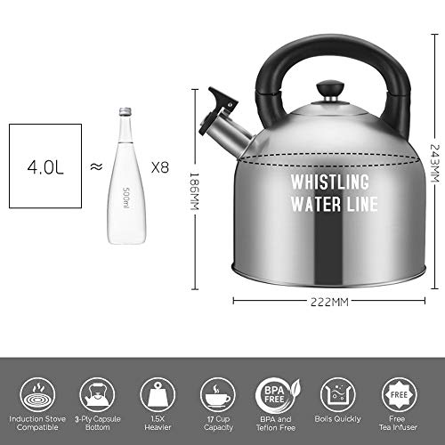 Whistling Hot Water TeaKettle 4 Quart Stainless Steel Tea Kettle - Large Capacity Teakettle for Stovetop/Induction cooker