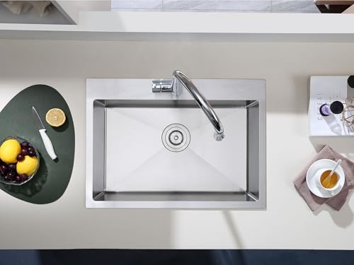 TSIBOMU 28 Inch Drop in Kitchen Sink, 18 Gauge 304 Stainless Steel Topmount Single Bowl Single Faucet Hole Handmade Kitchen Sink, 28" x 18" x 9"