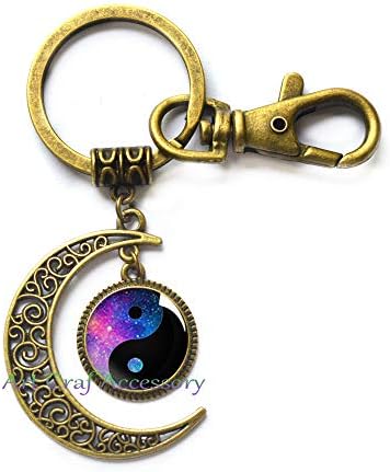 Galaxy Yin Yang Key Ring，Yin-Yang Symbol Key Ring, Silver Plated, Glass Cabochon，Space Jewelry - Nebula Space,RN260 (G2)