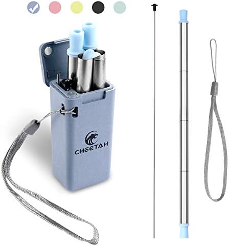 Collapsible Reusable Straws Stainless Steel Foldable Drinking Straw Portable with Case & Cleaning Brush for Party, Travel, Household, Outdoor (Purple)