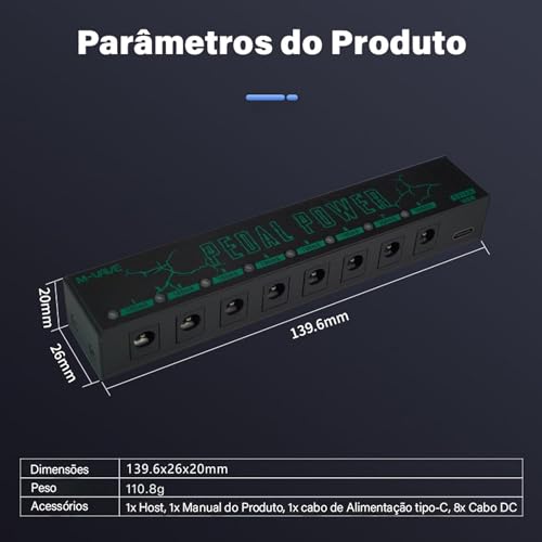 M-VAVE VEDO Pedal Power - Fonte de Alimentação para Pedais 9V com 8 Saídas Isoladas, Proteção Contra Sobrecarga, Entrada Type-C 5V 2A, Ideal para Pedalboard de Guitarra, Baixo e Efeitos Estável