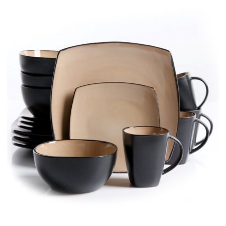 Gibson Home Soho Lounge 16 Piece Square Stoneware Dinnerware Set in Black and Taupe