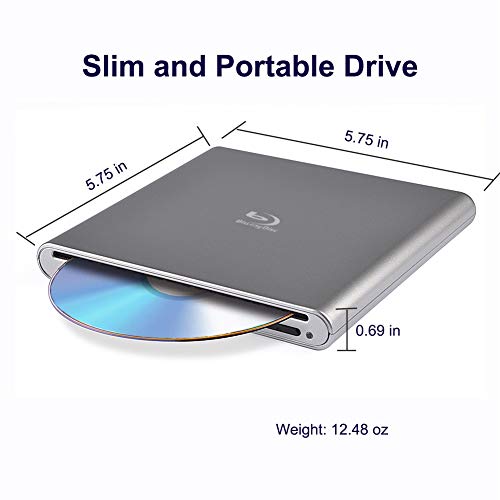 External Blu Ray Drive Portable Blu-Ray Player USB 2.0 Slot in BD CD DVD Burner with Eject Button Write Read CD DVD BD for Notebook Pro Air iMac Laptop (Sliver)