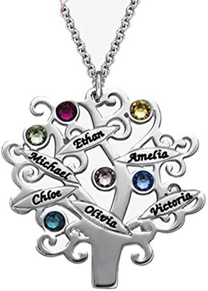Family Tree Necklace with Birthstones Necklace Engraved Silver - Customized with Any Name for Her