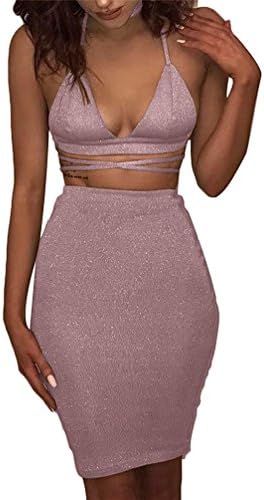 DOLWISS Women's Crisscross Giltter Crop Top Midi Skirt 2 Piece Bodycon Club Dress L Pink