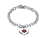 BBX JEWELRY Women's Stianless Steel Medical Alert ID Bracelets with Link Chain Heart Charms Bracelets-Free Engraving,7.5 inch