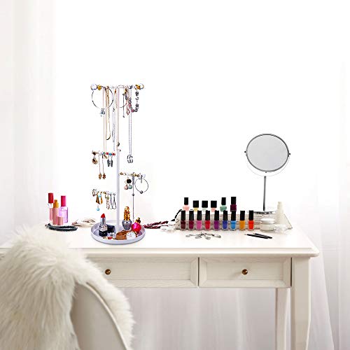 Keebofly Jewelry Tree Stand Organizer - Metal Necklace Organizer Display with Adjustable Height for Necklaces Bracelet Earrings and Ring White