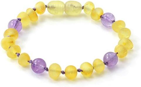 Raw Baltic Amber Teething Bracelet - Available in 4.7-6.3 inches - Unpolished Lemon mixed with Amethyst Gemstone Beads - TipTopAmber (5.5 inches)