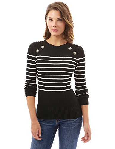 PattyBoutik Women Crewneck Striped Military Sweater (Black and Ivory Small) - Thumbnail 2