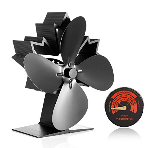 Sumapner 4 Blade Stove Fan - Quiet, Heat Powered Wood/Log Burner Fan - Eco Friendly Heat Circulation for Fireplaces +Stove Thermometer