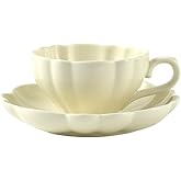 Ceramic Flower-shaped Tea Cup and Saucer Set 5oz/150ml Cappuccino Coffee Mug and Saucer, Unique Designer Pottery Gift for Tea Lovers (Ivory)