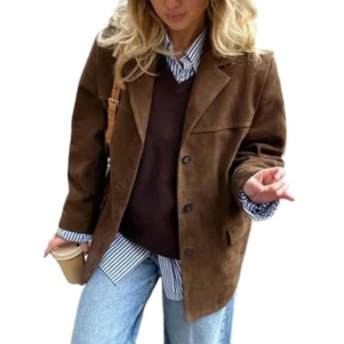 Photo 1 of Buzoh Brown Suede Jacket Women - Y2K Faux Suede Blazer Coat Vintage Aesthetics Old Money Oversized Outerwear (DarkBrown,Small)