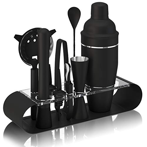 The Complete Bartender Kit | 11 Piece Cocktail Shaker Set with Stand | Great To Make Martini, Margarita, Mojito or Any Other Alcohol or Liquor Drink | Impressive Set For Special Gift! (Matte Black)