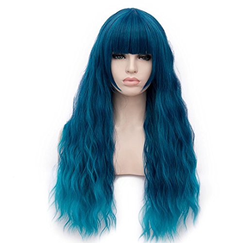 Long 28" Curly Heat Resistant Lolita Fashion Harajuku Cosplay Wig + Wig Cap (Mix Blue)